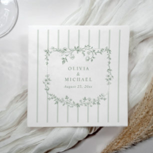 Vintage Sage Green French Floral Stripes Wedding Napkin