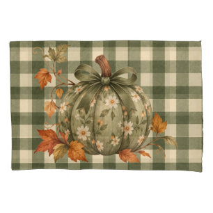 Vintage Sage Green Gingham Floral Pumpkin Pillow  Pillowcase