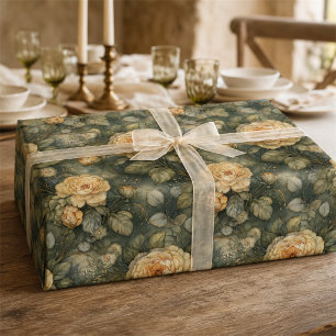 Vintage Sage Green Golden Yellow Rose Floral Wrapping Paper