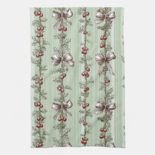 Vintage Sage Green Holly Berry Ribbon Christmas Tea Towel