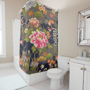 Vintage Sage Green Japanese Kimono Floral Flower Shower Curtain