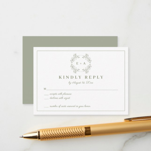 Vintage Sage Green Monogram Wedding RSVP Card (Front/Back In Situ)