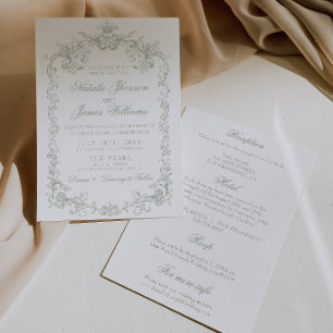 Vintage Sage Green Old Money All In One Wedding Invitation