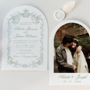Vintage Sage Green Old Money Arched Photo Wedding Invitation