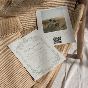 Vintage Sage Green Old Money Photo QR Code Wedding Invitation