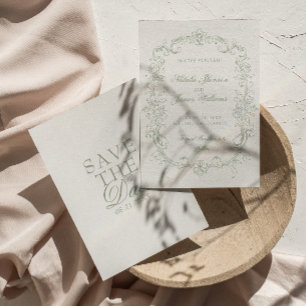 Vintage Sage Green Old Money Retro Wedding Save The Date