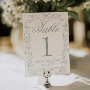 Vintage Sage Green Old Money Wedding Table Number