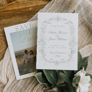 Vintage Sage Green Photo Old Money Retro Wedding Save The Date