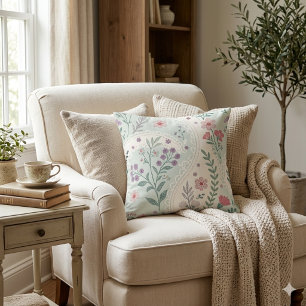 Vintage Sage Green Pink Cottagecore Floral Chintz Cushion
