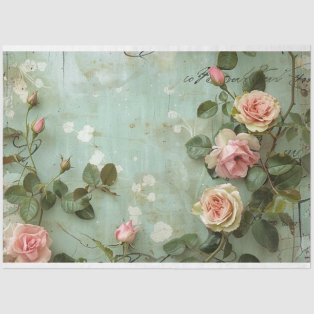 Vintage Sage Green & Roses Background Decoupage Tissue Paper (Front)