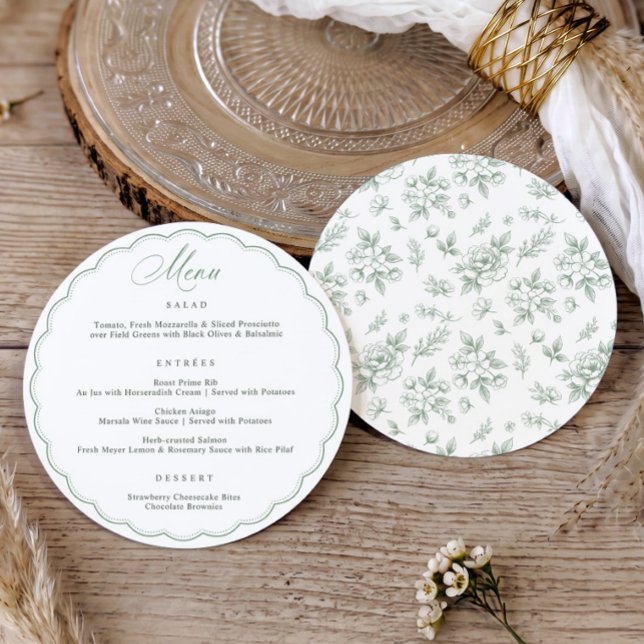 Vintage Sage Green Scalloped Circle Round Wedding Menu (Round vintage French floral sage green wedding menu with scalloped frame)