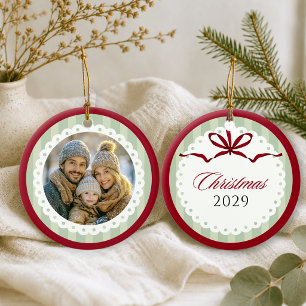 Vintage Sage Green Stripes Photo Christmas Year Ceramic Tree Decoration