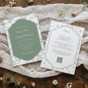 Vintage Sage Green Toile All in One Wedding Invitation