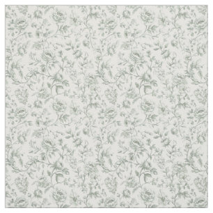 Vintage Sage Green Toile-De-Jouy Watercolor Floral Fabric