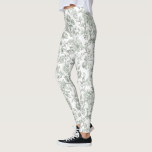 Vintage Sage Green Toile-De-Jouy Watercolor Floral Leggings