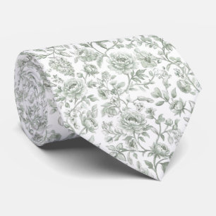 Vintage Sage Green Toile-De-Jouy Watercolor Floral Tie