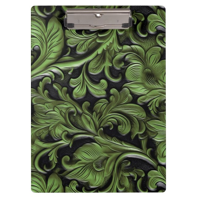 Vintage sage green tooled leather clipboard (Front)