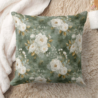 Vintage Sage Green Watercolor Rose Floral Throw  Cushion