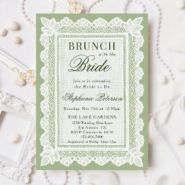 Vintage Sage Green White Lace Bridal Shower Brunch Invitation