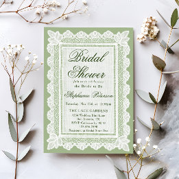 Vintage Sage Green White Lace Bridal Shower Invitation