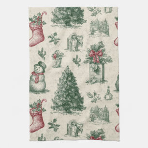 Vintage Sage Green Winter Toile Christmas (1) Tea Towel