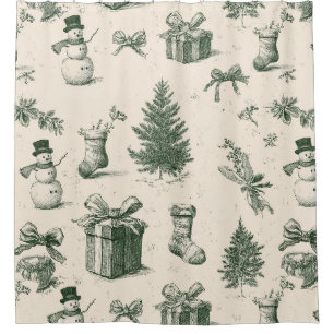 Vintage Sage Green Winter Toile Christmas (2) Shower Curtain