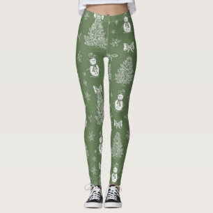 Vintage Sage Green Winter Toile Christmas (3) Leggings