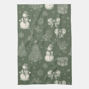 Vintage Sage Green Winter Toile Christmas (5) Tea Towel