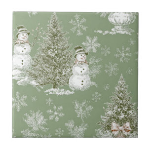 Vintage Sage Green Winter Toile Christmas (6) Tile