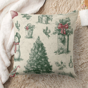 Vintage Sage Green Winter Toile Christmas Cushion