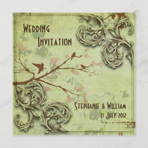Vintage Sage Love Birds Wedding Invitation