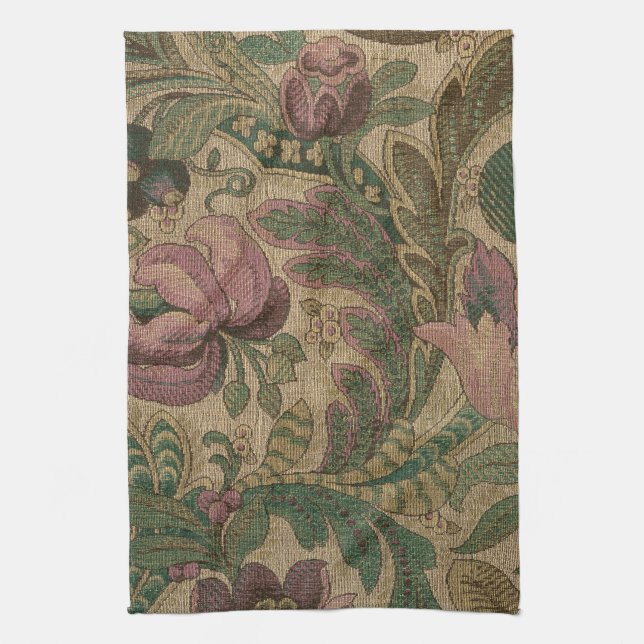 Vintage Sage Mauve 1918 Botanical Pattern Tea Towel (Vertical)