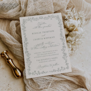 Vintage Sage Roses Frame Wedding Invitation
