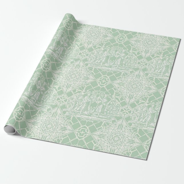 Vintage Sage Toile with Classical Figures Wrapping Paper (Unrolled)