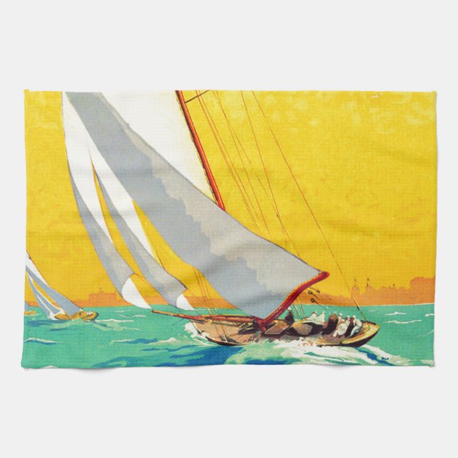 Vintage Sail Boats French Travel Tea Towel (Horizontal)
