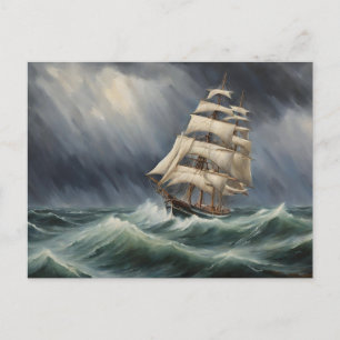 Vintage Sail Ship in the Stormy Ocean Illustration Postcard