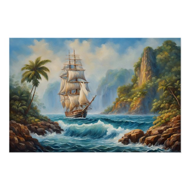 Vintage Sail Ship near Tropical Island  Poster (Front)