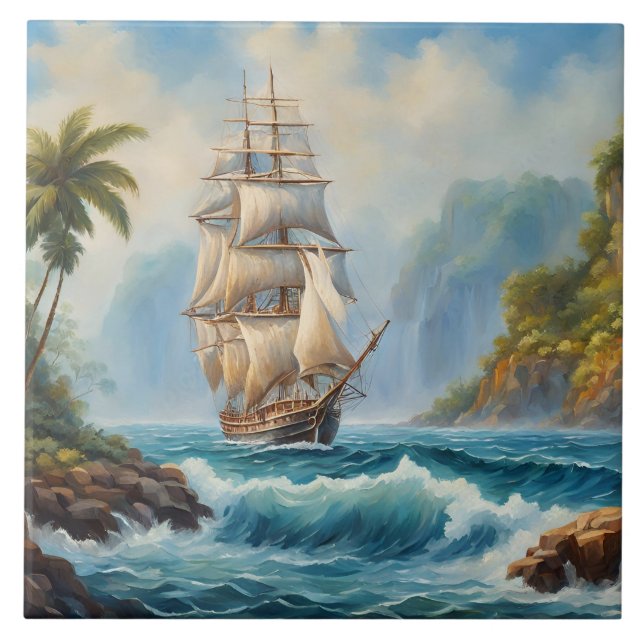 Vintage Sail Ship near Tropical Island  Tile (Front)