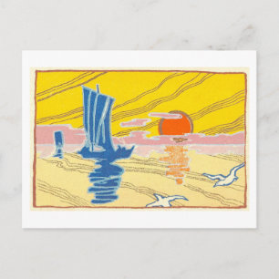 Vintage Sailboat and Sun, Japan Postcard