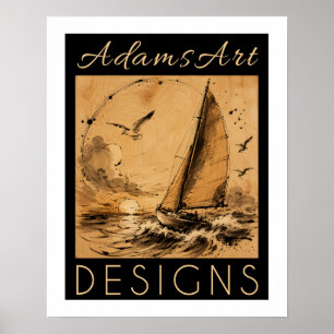 Vintage Sailboat at Sunset Ink Wash Wooden Texture Poster