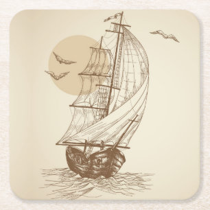 Vintage sailboat square paper coaster