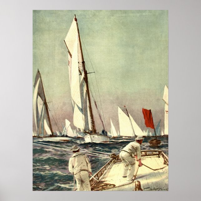 Vintage Sailboats Men Sailing Antique Willy Stower Poster (Front)