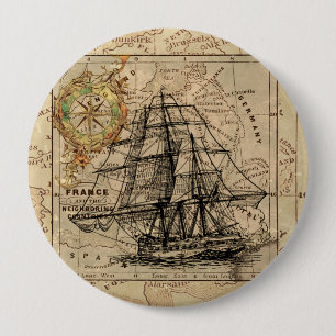Vintage Sailing Ship and Old European Map 10 Cm Round Badge