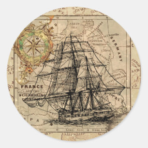 Vintage Sailing Ship and Old European Map Classic Round Sticker