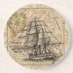 Vintage Sailing Ship and Old European Map Coaster