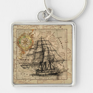 Vintage Sailing Ship and Old European Map Key Ring