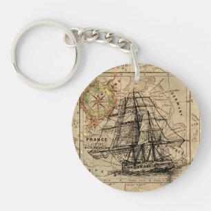 Vintage Sailing Ship and Old European Map Key Ring