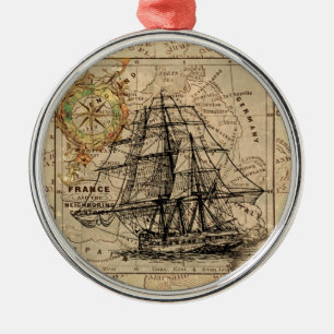 Vintage Sailing Ship and Old European Map Metal Tree Decoration