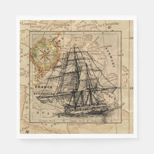 Vintage Sailing Ship and Old European Map Napkin