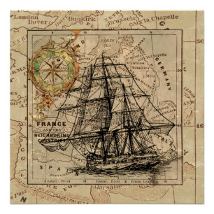 Vintage Sailing Ship and Old European Map Poster